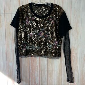 Free People Sequin Embellished Black and Gold Lace Holiday Blouse (M)